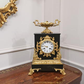 an antique French rococo style black slate and bronze gilt mantel clock by Japy Freres