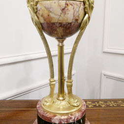pair of French antique cassolette table lamps with marble body and gilt bronze mounts terminating to paw feet