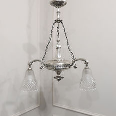 Edwardian silver chandelier with cut crystal glass shades attribited to Osler