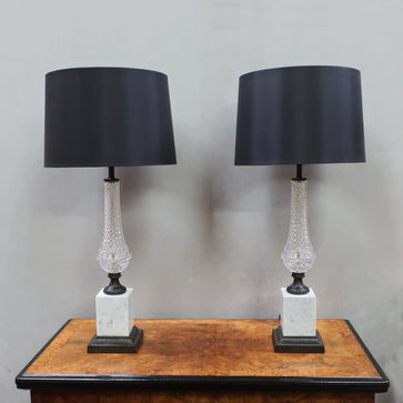 aa pair of antique French style glass table lamps from the mid-century era with bronze and marble elements