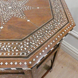 a late 19th century antique Hoshiarpur octagonal table with bone and ebony inlay and folding base