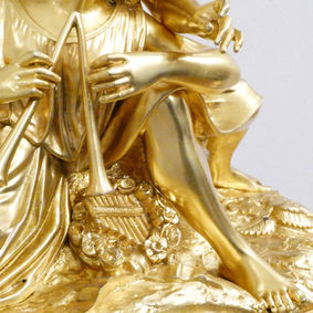 ​A superb quality French mid 19th century bronze gilt antique mantel clock with beautifully cast Greek mythological male figure of Paris, The Shepherd, accompanied by a female goddess by Japy Freres