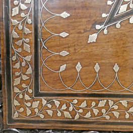 A 19th century antique Hoshiarpur square table with brass inlay and carving