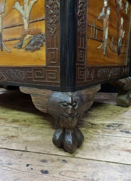 An antique freestanding Chinese oriental camphor wood chest with cherry blossom inlaid with colourful soapstone