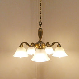 mid 20th century chandelier with ages brass finish and frosted glass shades