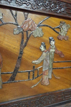 An antique freestanding Chinese oriental camphor wood chest with cherry blossom inlaid with colourful soapstone