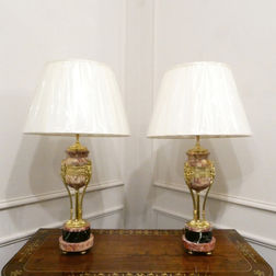 pair of French antique cassolette table lamps with marble body and gilt bronze mounts terminating to paw feet