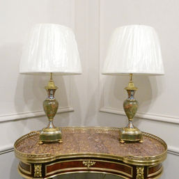 pair of French onyx and champleve antique table lamps