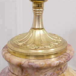 pair of French antique cassolette table lamps with marble body and gilt bronze mounts terminating to paw feet