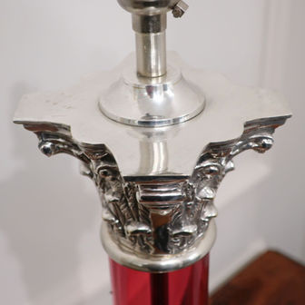 an Edwardian silver Corinthian column antique table lamp with cranberry red glass to its central column