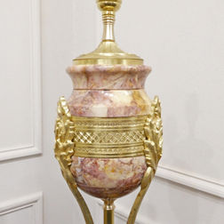 pair of French antique cassolette table lamps with marble body and gilt bronze mounts terminating to paw feet
