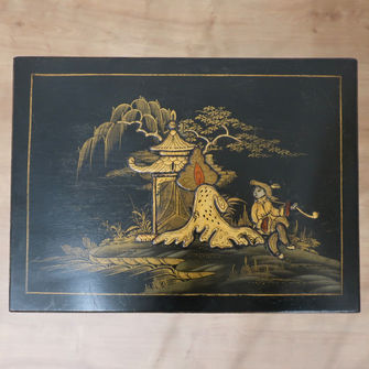 Edwardian black lacquer set of three graduating antique nest of tables with gilt chinoiserie design