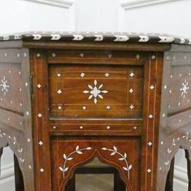 a late 19th century antique Hoshiarpur octagonal table with bone and ebony inlay and folding base