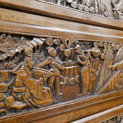 early 20th century Oriental camphor wood campaign chest of drawers profusely carved with seven drawers