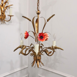 an Italian Mid-century vintage gilt metal wheatsheaf chandelier with poppies