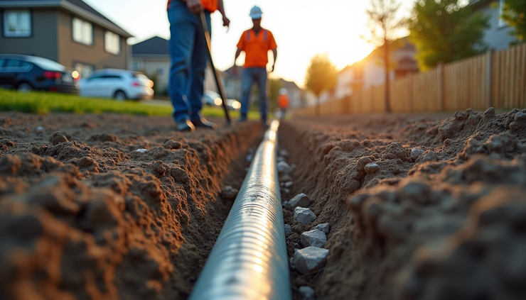 High angle view of construction workers installing stormwater drainage pipes