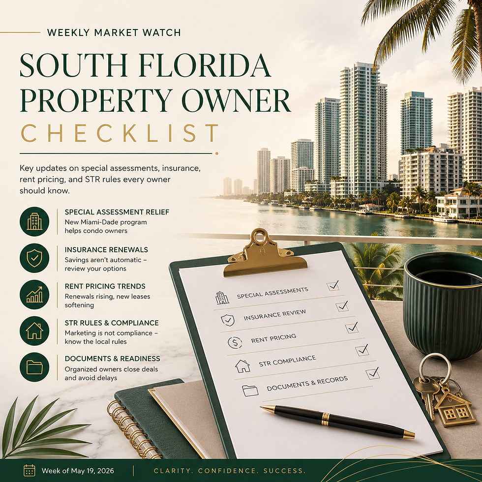 South Florida property owner checklist cover with condo skyline, documents, keys, and market update sections for assessments, insurance, rent pricing, and STR compliance.