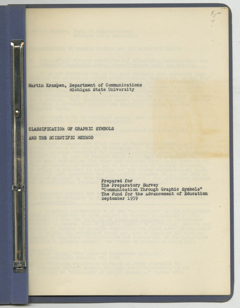 a document from the Modley collection written in 1959, “The Classification of Graphic Symbols and the Scientific Method.”