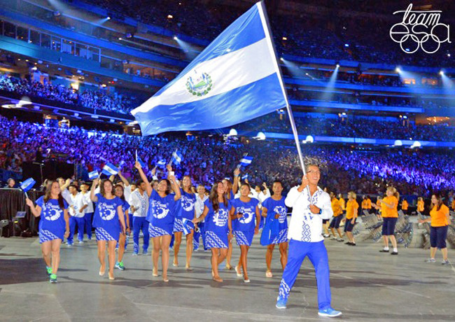 “Team ESA” (Team El Salvador) wearing uniforms designed by Larios in the opening-ceremony procession in Toronto.