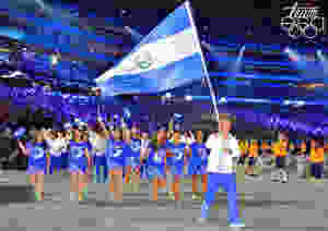 “Team ESA” (Team El Salvador) wearing uniforms designed by Larios in the opening-ceremony procession in Toronto.