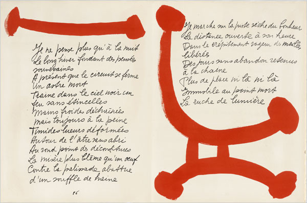 Book spread for "The Song of the Dead" a book of poetry by Pierre Reverdy, 1948