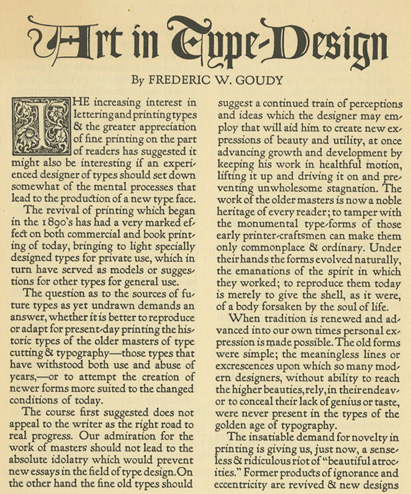 The first page of Goudy's essay on type design