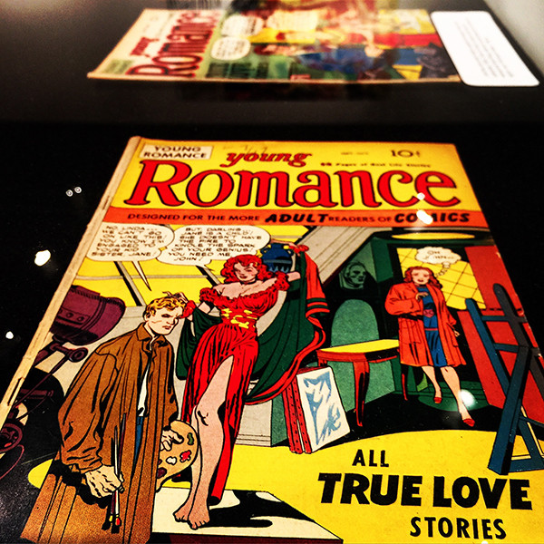 Romance under glass: 1947 comic books in a vitrine.