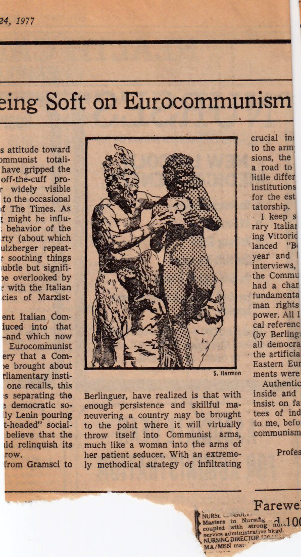 Printer’s proof on newsprint of an OpEd illustration using engraving and icon from a book of “sign-symbol” clip-art