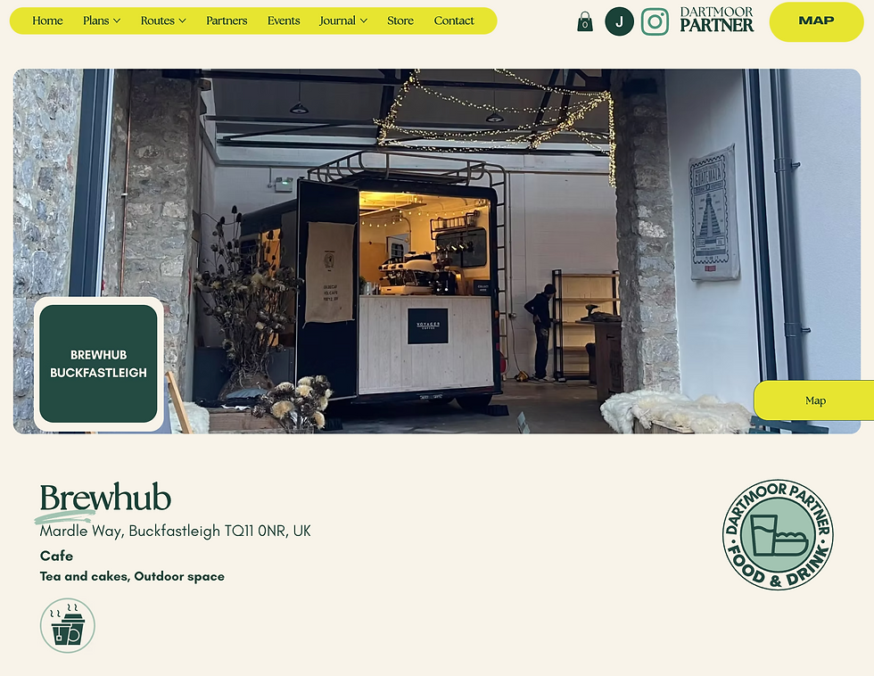Brewhub Buckfastleigh cafe page with a coffee truck in a stone venue, warm string lights, map button, and Dartmoor Partner branding.