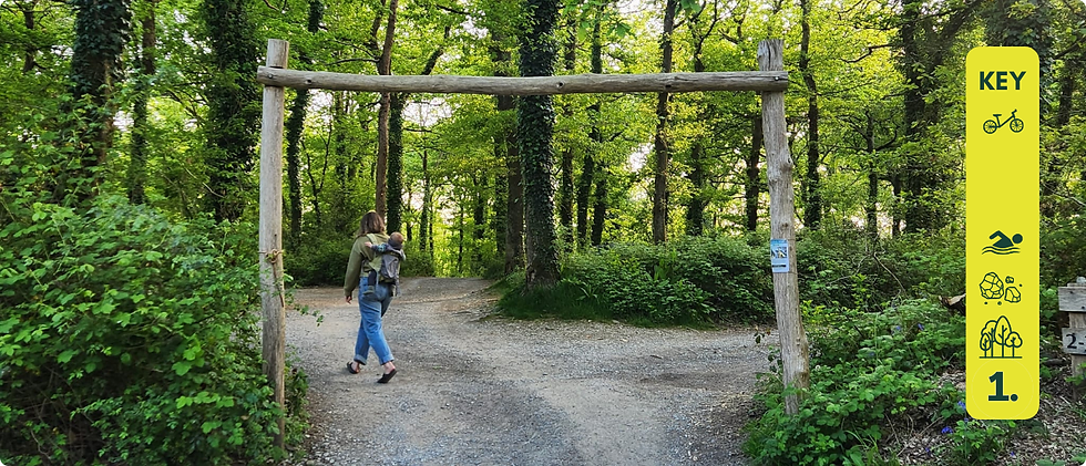 Woman carrying a child walks under a wooden gate on a forest trail; yellow KEY sign at right.