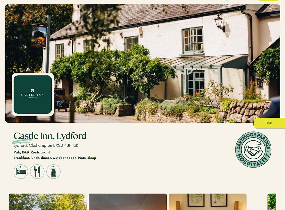 Webpage for Castle Inn, Lydford shows pub exterior, green logo, map button, and text listing B&B, restaurant, breakfast, lunch, dinner.