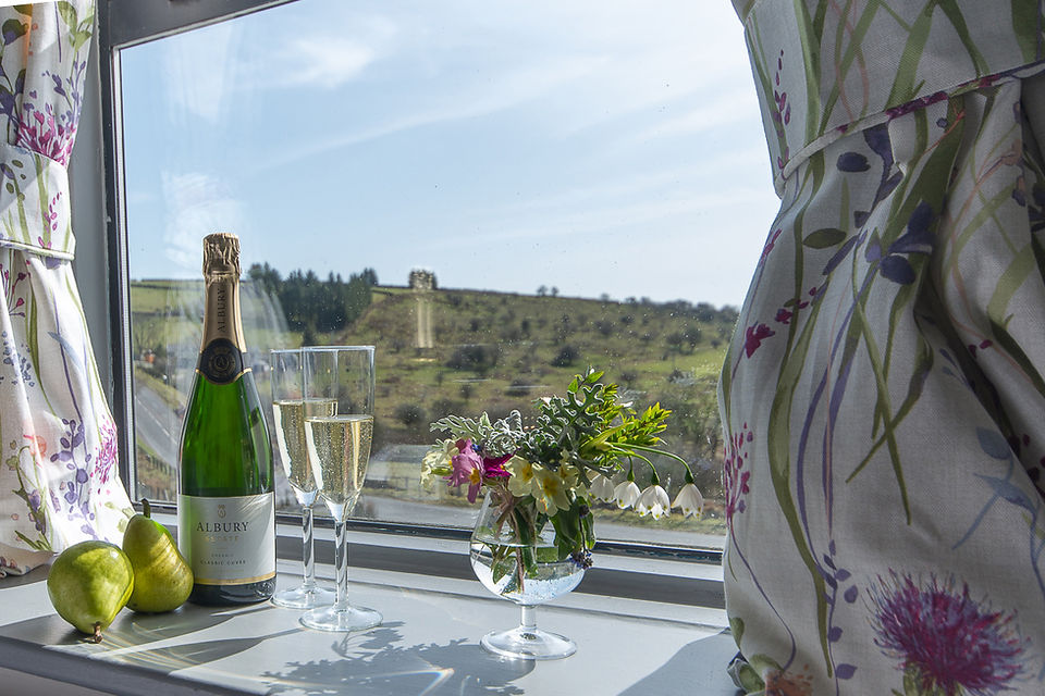 wine at a window looking at moorland