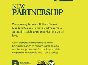 Yellow background with text about a new partnership for Dartmoor accessibility and protection. Logos of Dartmoor Preservation, Moorland Guides, DPA.