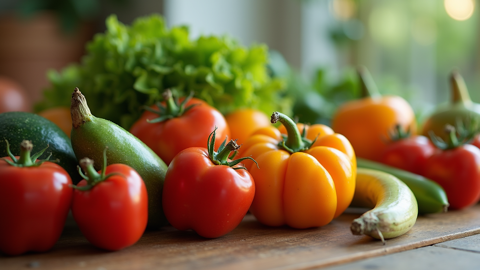 Close-up view of fresh fruits and vegetables on a wooden table
