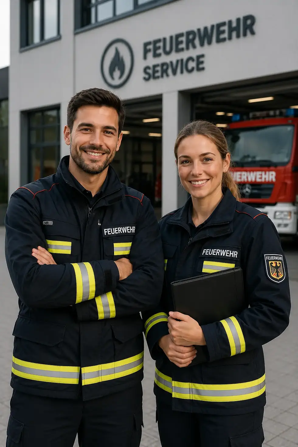 Feuerwehrbeamte vor modernem Feuerwehrgebäude bei einer Finanzberatung für Absicherung, Vorsorge und langfristige finanzielle Sicherheit.