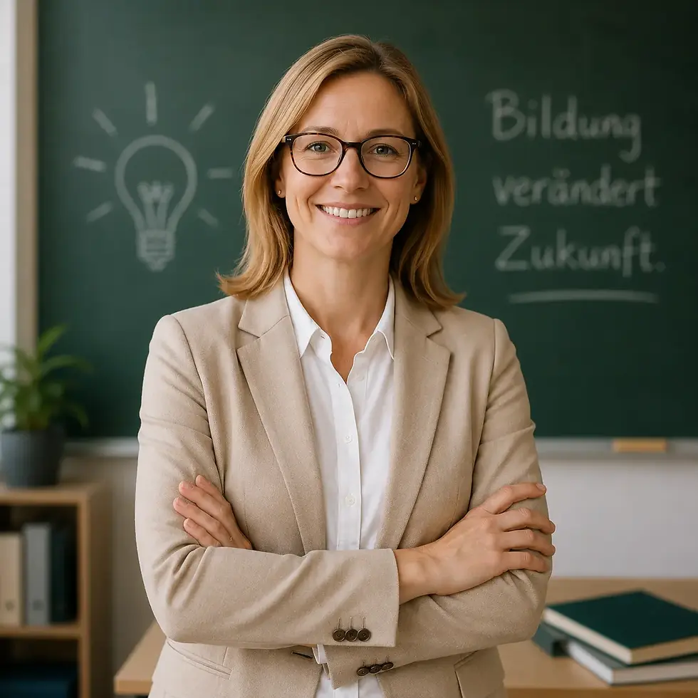 Freundliche Lehrerin steht vor einer Tafel in einem hellen Klassenzimmer und lächelt in die Kamera. Beratung
