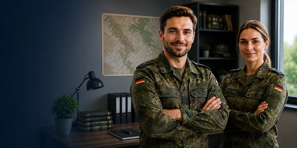 Soldaten in moderner militärischer Umgebung mit selbstbewusstem und professionellem Auftreten.