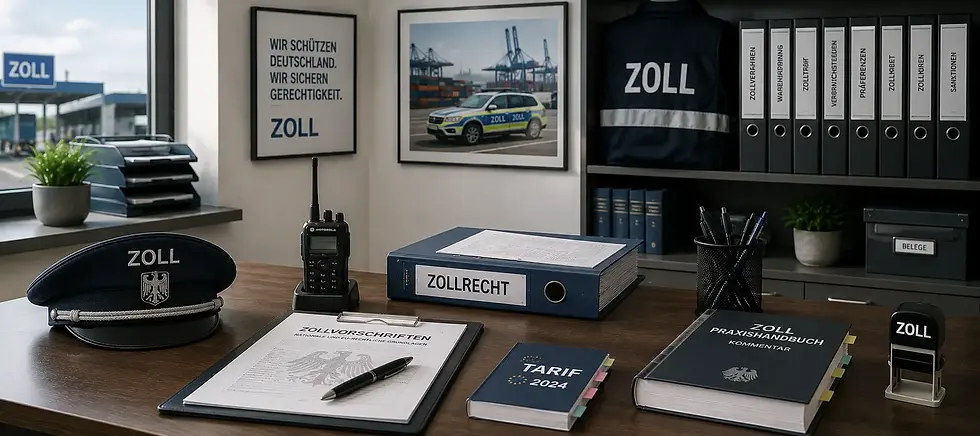Professionelle Zoll-Arbeitsumgebung mit Dokumentenprüfung und moderner Verwaltungsatmosphäre.