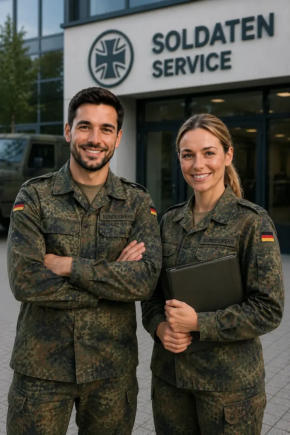 Soldaten und Bundeswehrangehörige vor modernem Dienstgebäude bei einer Finanzberatung für finanzielle Sicherheit und langfristige Vorsorge.