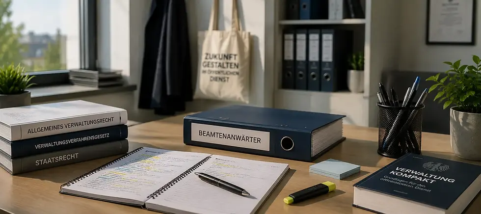 Moderne Ausbildungs- und Lernumgebung für Beamtenanwärter mit strukturierter Arbeitsatmosphäre.