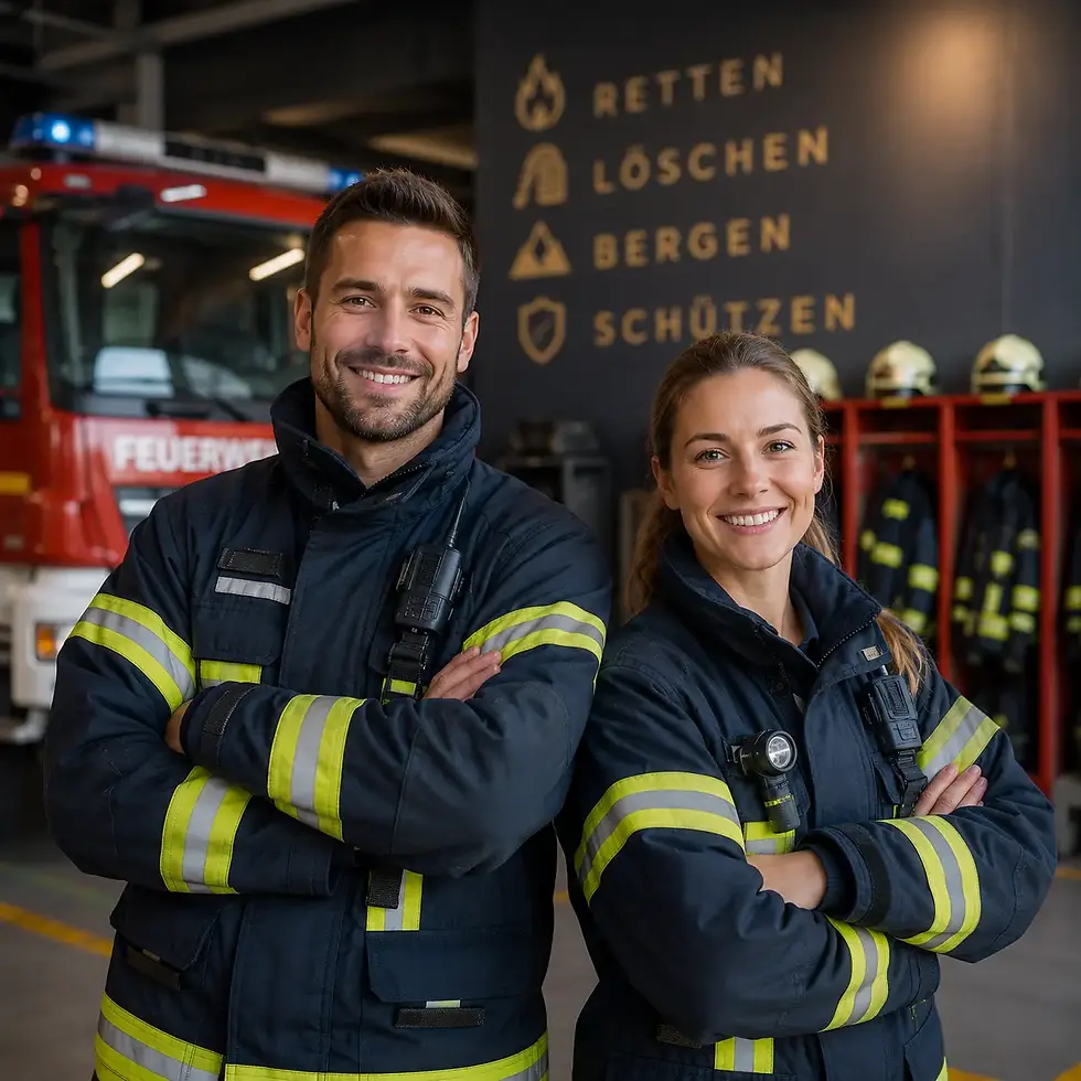 Feuerwehrkräfte in moderner Einsatzbesprechung mit Fokus auf Sicherheit und Teamarbeit.
