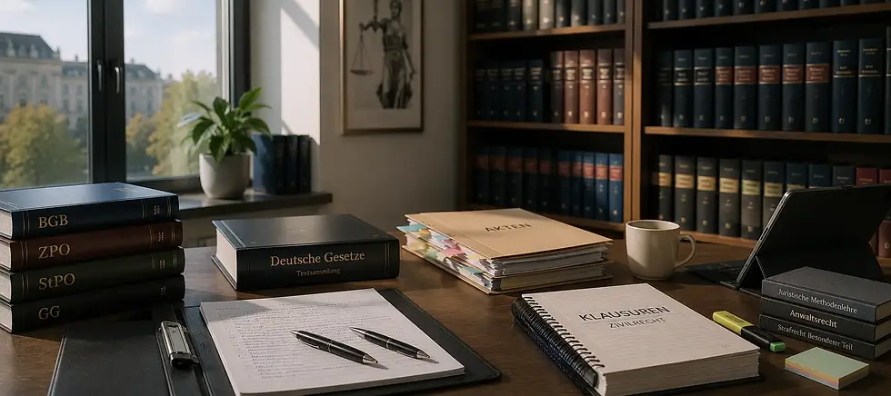 Strukturierte juristische Ausbildungsumgebung mit Akten, Gesetzbüchern und moderner Lernatmosphäre.