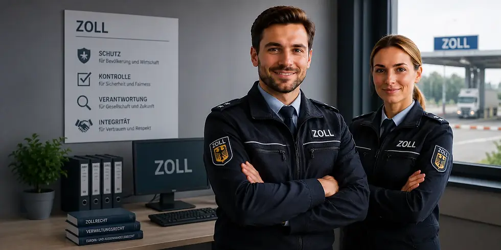 Zollbeamte in modernem Büro mit professioneller Arbeitsatmosphäre und Fokus auf Sicherheit und Verantwortung.