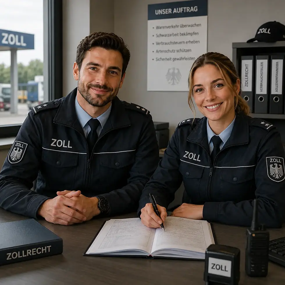 Zollbeamte in moderner Büroumgebung bei Dokumentenprüfung und professioneller Beratung.