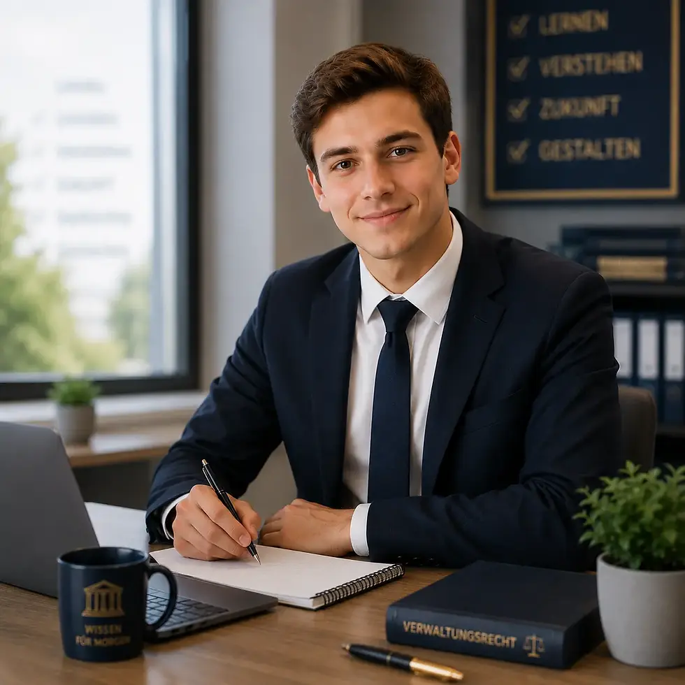 Junger Beamtenanwärter in moderner Lern- und Beratungssituation mit professionellem Umfeld.