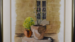 Item # 183, FRAMED WATERCOLOR OF "AFRICAN COURTYARD" SCENE: