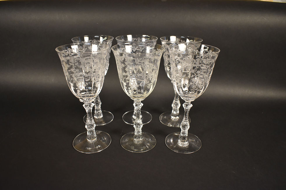 Item # 340, SIX CLEAR FOSTERIA "NAVARRE" 7 5/8" ETCHED CRYSTAL STEMMED WATER GOBLETS: