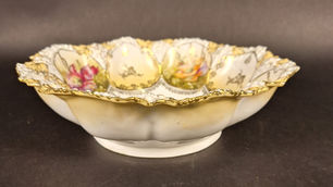 Item # 100 ,"RS PRUSSIA" GILDED AND SCALLOPED HAND PAINTED PORCELAIN BOWL: 