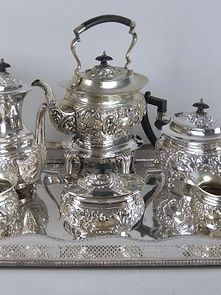Item # 109, SIX PIECE " SHEFFIELD" SILVER PLATED REPOUSSE COFFEE AND TEA SERVICE WITH TRAY