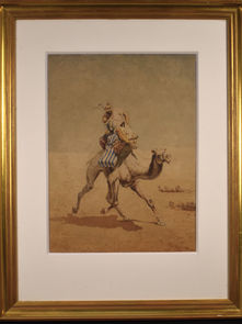 Item #73, FRAMED WATERCOLOR "ARAB RIDING IN DESERT" 